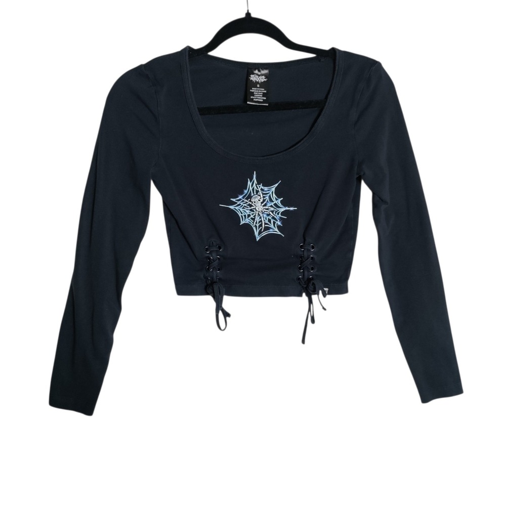 Swixxzaf Womens Black Spiderweb Skull Lace Up Long Sleeve Crop Top Small